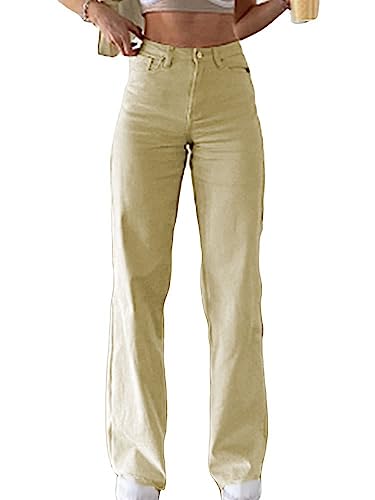 ORANDESIGNE Damen Jeanshosen Vintage Straight Jeans Hohe Taille Gewaschene Jeans Y2K Mode Denim Hose Baggy Jeans Weites Bein Gerade Denim Hose Lose E-Girl Streetwear Hosen B Khaki S von ORANDESIGNE