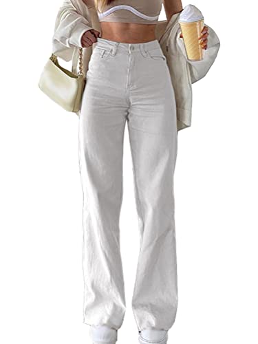 ORANDESIGNE Damen Jeanshosen Vintage Straight Jeans Hohe Taille Gewaschene Jeans Y2K Mode Denim Hose Baggy Jeans Weites Bein Gerade Denim Hose Lose E-Girl Streetwear Hosen B Weiß L von ORANDESIGNE