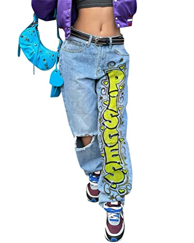 ORANDESIGNE Damen Jeanshosen mit Hoher Taille Y2K Style Harajuku E-Girl Streetwear Hose Casual Weite Baggy Denimhose Vintage Schlaghosen ZA Gelb XS von ORANDESIGNE