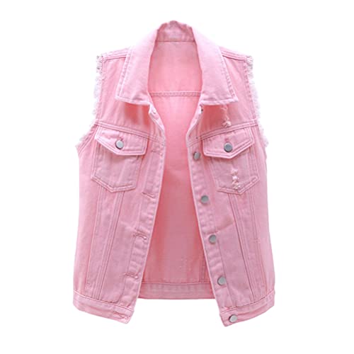 ORANDESIGNE Damen Jeansjacke Casual Übergangsjacke Lange Ärmel Kurzjacke Denim Jacke Jeansweste Ärmellos Frühling Sommer Weste College Style Zerrissene Jeansweste Denim Weste B Rosa XL von ORANDESIGNE