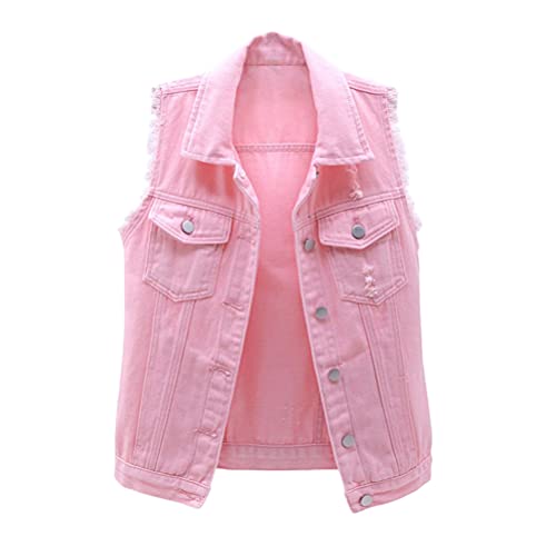 ORANDESIGNE Damen Jeansjacke Casual Übergangsjacke Lange Ärmel Kurzjacke Denim Jacke Jeansweste Ärmellos Frühling Sommer Weste College Style Zerrissene Jeansweste Denim Weste B Rosa XXL von ORANDESIGNE