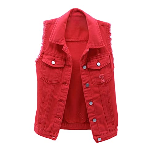 ORANDESIGNE Damen Jeansjacke Casual Übergangsjacke Lange Ärmel Kurzjacke Denim Jacke Jeansweste Ärmellos Frühling Sommer Weste College Style Zerrissene Jeansweste Denim Weste B Rot L von ORANDESIGNE