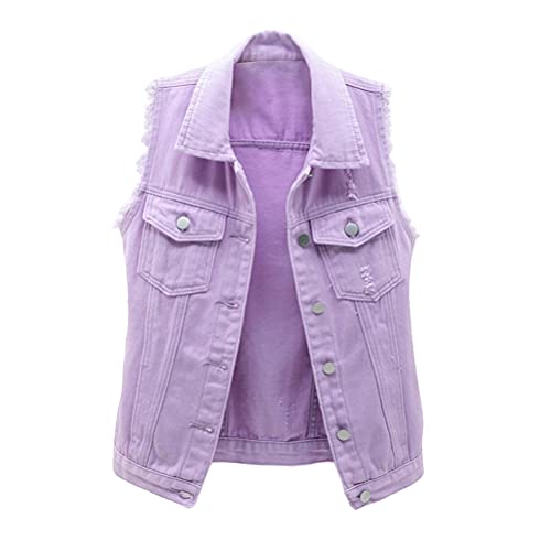 ORANDESIGNE Damen Jeansjacke Casual Übergangsjacke Lange Ärmel Kurzjacke Denim Jacke Jeansweste Ärmellos Frühling Sommer Weste College Style Zerrissene Jeansweste Denim Weste B Violett XXL von ORANDESIGNE