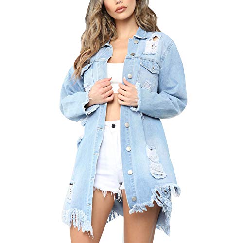 ORANDESIGNE Damen Jeansjacke Oversized MIT Rissen Jeans Denim Jacket Vintage Lang Used Wash ÜBERGANGSJACKE Blogger Denimwear Parka Hellblau Denim Destroyed Mantel Cut Out Look L von ORANDESIGNE