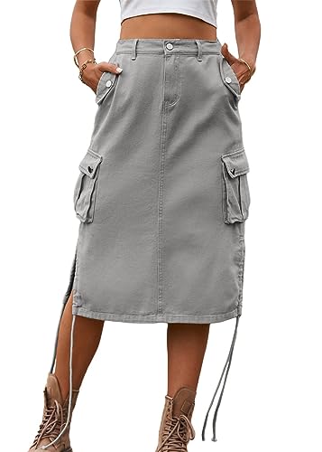 ORANDESIGNE Damen Jeansrock Lang Cargo Rock Knielang Vintage Elegant Freizeit Rock Denim Rock Hohe Taille Solide A-Linie Western Jean Röcke Sommer Einfarbig Mode Denim Midirock C Grau L von ORANDESIGNE
