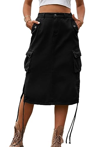 ORANDESIGNE Damen Jeansrock Lang Cargo Rock Knielang Vintage Elegant Freizeit Rock Denim Rock Hohe Taille Solide A-Linie Western Jean Röcke Sommer Einfarbig Mode Denim Midirock C Schwarz L von ORANDESIGNE