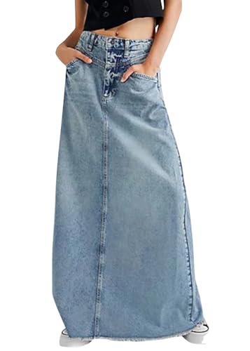 ORANDESIGNE Damen Jeansrock Lang Midirock Denim Maxi Jeansrock Mit Weit Ausgestelltem Hohe Taille Rock Knielang A-Linie Sommer Rock Mit Falten Maxirock Sommer Rock A Blau M von ORANDESIGNE