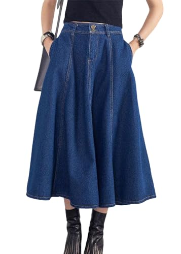 ORANDESIGNE Damen Jeansrock Lang Midirock Denim Maxi Jeansrock Mit Weit Ausgestelltem Hohe Taille Rock Knielang A-Linie Sommer Rock Mit Falten Maxirock Sommer Rock D Blau L von ORANDESIGNE