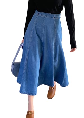 ORANDESIGNE Damen Jeansrock Lang Midirock Denim Maxi Jeansrock Mit Weit Ausgestelltem Hohe Taille Rock Knielang A-Linie Sommer Rock Mit Falten Maxirock Sommer Rock F Blau L von ORANDESIGNE