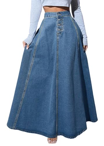 ORANDESIGNE Damen Jeansrock Lang Midirock Denim Maxi Jeansrock Mit Weit Ausgestelltem Hohe Taille Rock Knielang A-Linie Sommer Rock Mit Falten Maxirock Sommer Rock G Blau M von ORANDESIGNE