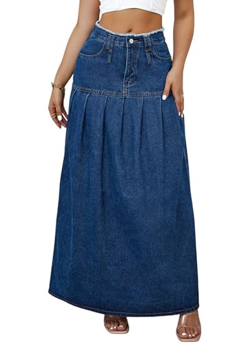 ORANDESIGNE Damen Jeansrock Lang Midirock Denim Maxi Jeansrock Mit Weit Ausgestelltem Hohe Taille Rock Knielang A-Linie Sommer Rock Mit Falten Maxirock Sommer Rock H Dunkelblau S von ORANDESIGNE
