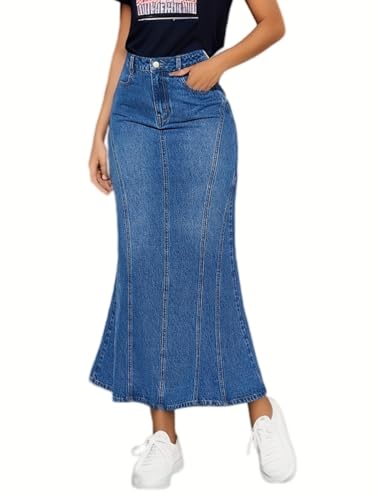 ORANDESIGNE Damen Jeansrock Lang Midirock Denim Maxi Jeansrock Mit Weit Ausgestelltem Hohe Taille Rock Knielang A-Linie Sommer Rock Mit Falten Maxirock Sommer Rock I Blau XXL von ORANDESIGNE