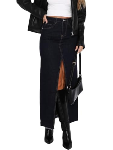ORANDESIGNE Damen Jeansrock Lang Midirock Denim Maxi Jeansrock Mit Weit Ausgestelltem Hohe Taille Rock Knielang A-Linie Sommer Rock Mit Falten Maxirock Sommer Rock J Schwarz S von ORANDESIGNE