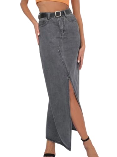 ORANDESIGNE Damen Jeansrock Lang Midirock Denim Maxi Jeansrock Mit Weit Ausgestelltem Hohe Taille Rock Knielang A-Linie Sommer Rock Mit Falten Maxirock Sommer Rock K Grau L von ORANDESIGNE