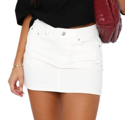 ORANDESIGNE Damen Jeansrock Minirock Hohe Taille Figurbetont Denim Kurz Jeansröcke mit Taschen Hohe Taille Lässig Gewaschen Gerader Rock A Weiß S von ORANDESIGNE