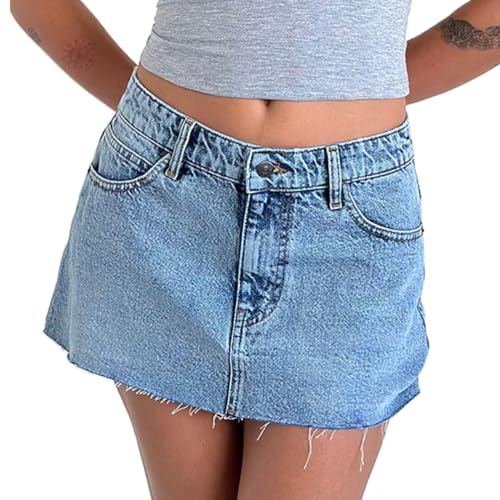 ORANDESIGNE Damen Jeansrock Minirock Hohe Taille Figurbetont Denim Kurz Jeansröcke mit Taschen Hohe Taille Lässig Gewaschen Gerader Rock B Blau M von ORANDESIGNE