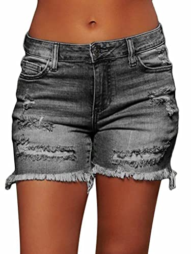 ORANDESIGNE Damen Jeansshorts Sommer Kurze Hose Jeans Ripped Zerrissen Loch Hotpants Shorts Stretch Denim Bermuda Hosen High Waist Stretch Boyfriend Skinny Pants Denim-Shorts X7 Grau M von ORANDESIGNE