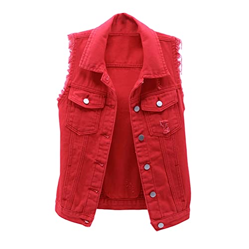 ORANDESIGNE Damen Jeansweste Ärmelloses Jeansjacke Outwear Knopf Umlegekragen Zerrissene Denim Weste mit Taschen A Rot L von ORANDESIGNE