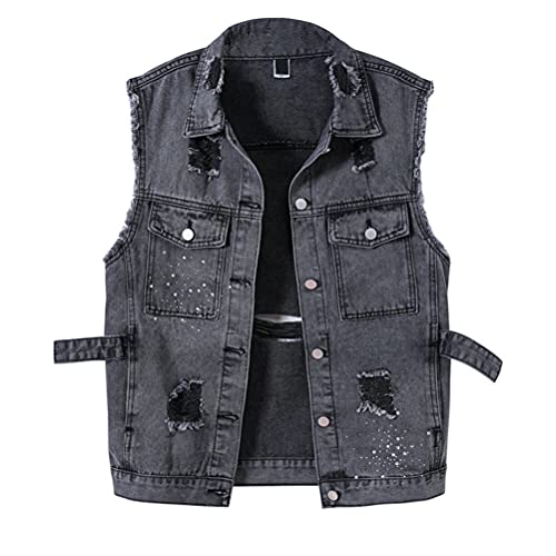 ORANDESIGNE Damen Jeansweste Ärmelloses Jeansjacke Outwear Knopf Umlegekragen Zerrissene Denim Weste mit Taschen C Grau XXL von ORANDESIGNE
