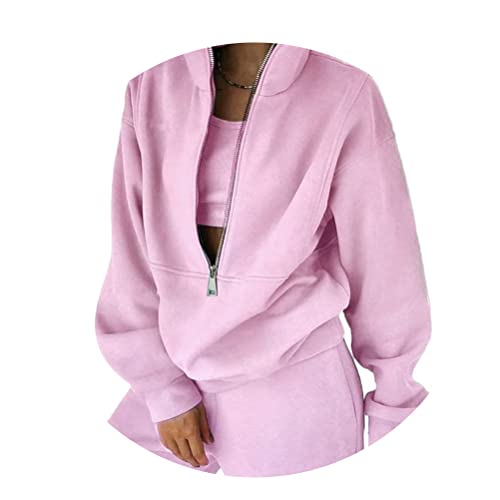 ORANDESIGNE Damen Jogginganzug Frauen Fleece 2 Stück Outfits Jogginganzug Pullover mit Halbem Reißverschluss Sweatshirt + Jogginghosen Trainingsanzug Set Sportanzug A Rosa M von ORANDESIGNE