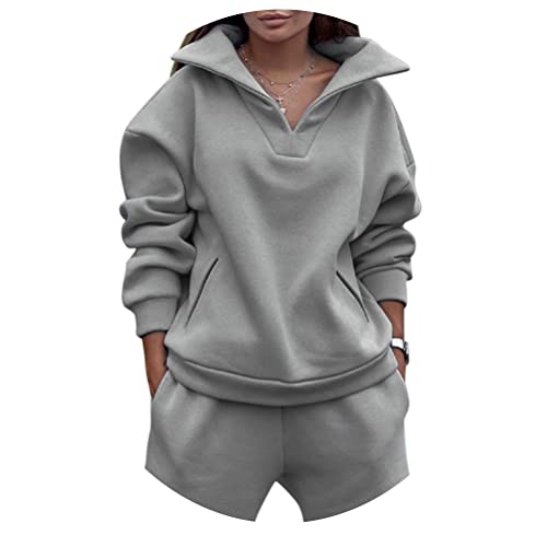 ORANDESIGNE Damen Jogginganzug Frauen Fleece 2 Stück Outfits Jogginganzug Pullover mit Halbem Reißverschluss Sweatshirt + Jogginghosen Trainingsanzug Set Sportanzug D Grau XL von ORANDESIGNE