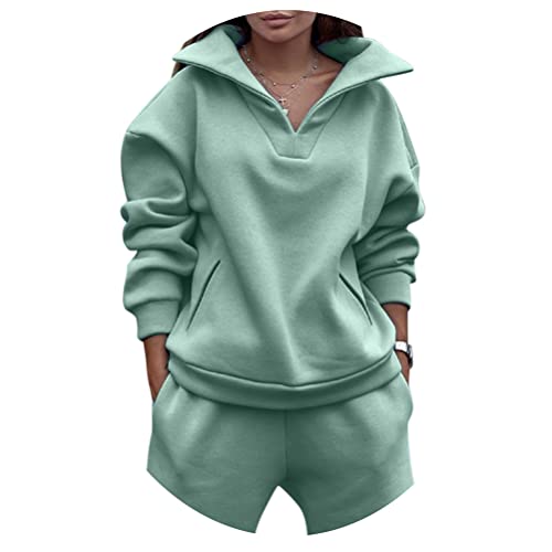 ORANDESIGNE Damen Jogginganzug Frauen Fleece 2 Stück Outfits Jogginganzug Pullover mit Halbem Reißverschluss Sweatshirt + Jogginghosen Trainingsanzug Set Sportanzug D Hellgrün XL von ORANDESIGNE