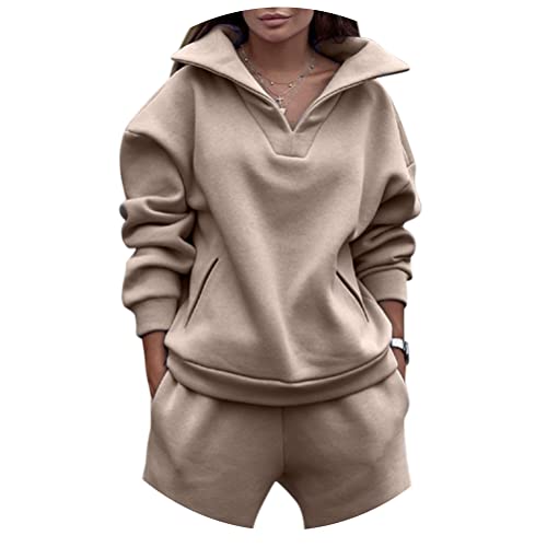 ORANDESIGNE Damen Jogginganzug Frauen Fleece 2 Stück Outfits Jogginganzug Pullover mit Halbem Reißverschluss Sweatshirt + Jogginghosen Trainingsanzug Set Sportanzug D Khaki S von ORANDESIGNE