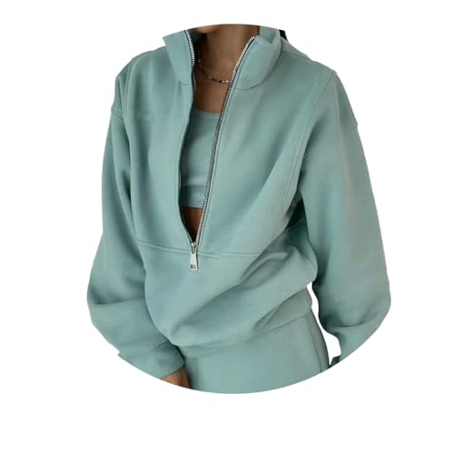 ORANDESIGNE Damen Jogginganzug Frauen Fleece 2 Stück Outfits Jogginganzug Pullover mit Halbem Reißverschluss Sweatshirt + Jogginghosen Trainingsanzug Set Sportanzug XXL A Grün von ORANDESIGNE