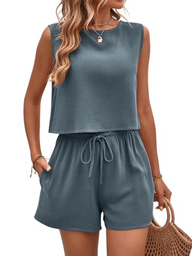 ORANDESIGNE Damen Jogginganzug Set Sommer Zweiteiler Freizeit Sport Tank Top Und Shorts Hosenanzug Kurz Sportlich Hausanzug Lounge Sweatsuit Outfits Leicht Lässiger Sportanzug A Dunkelgrau S von ORANDESIGNE