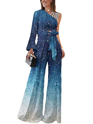 ORANDESIGNE Damen Jumpsuit Eine Schulter Elegant Overall Lang Hosenanzug Frauen Playsuit Romper Sommer Patchwork Damen Jumpsuit High Waist Frau Romper A Blau XL von ORANDESIGNE
