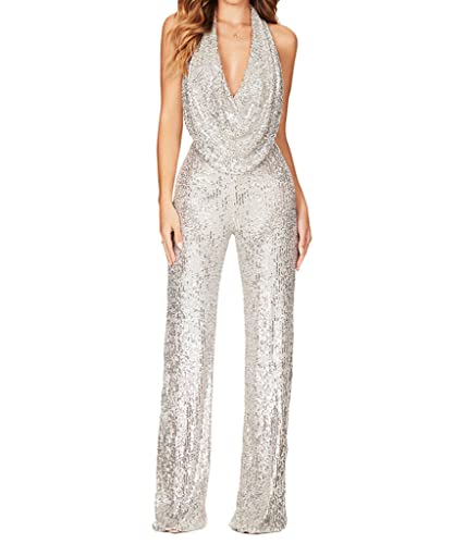 ORANDESIGNE Damen Jumpsuit Elegant Ärmellos Tiefer V-Ausschnitt Hohe Taille Overall mit Pailletten Cocktail Party Festlich Overalls Hosenanzug Playsuit Lang Romper Z Silber 36 von ORANDESIGNE