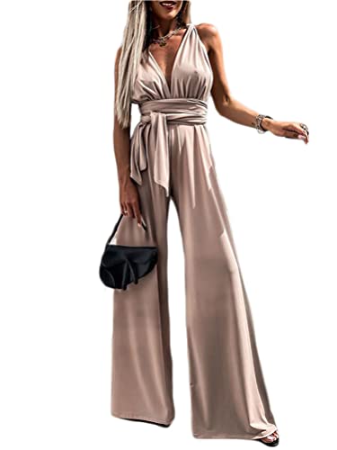 ORANDESIGNE Damen Jumpsuit Elegant Armellos Hohe Taille Cocktail Party Festlich Overalls Hosenanzug Playsuit Lang Romper 03-Champagner M von ORANDESIGNE