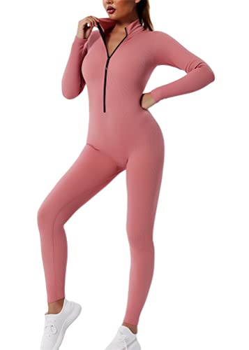 ORANDESIGNE Damen Jumpsuit Eng mit Reißverschluss Body Outfits Playsuit Langarm Bodycon Strampler Sportanzug Yoga Fitness Slim Jogginganzug A Rosa XS von ORANDESIGNE