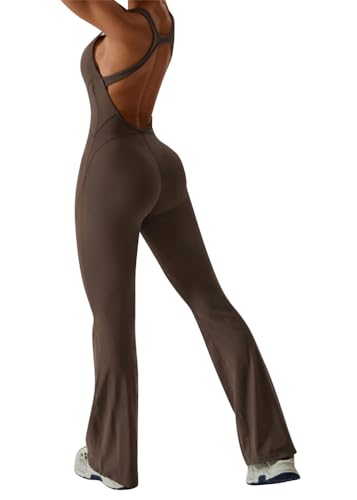 ORANDESIGNE Damen Jumpsuit Gerippte Ärmellos Flared Lang Eng Tank Rückenfreie Padded Einteiler Bauchweg Sport Yoga Overall Romper Bootcut Onepiece Bodycon Gym Workout Sport Overalls A Kaffee S von ORANDESIGNE