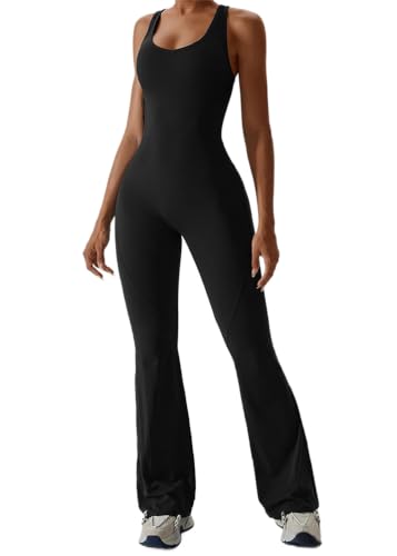 ORANDESIGNE Damen Jumpsuit Gerippte Ärmellos Flared Lang Eng Tank Rückenfreie Padded Einteiler Bauchweg Sport Yoga Overall Romper Bootcut Onepiece Bodycon Gym Workout Sport Overalls A Schwarz XS von ORANDESIGNE