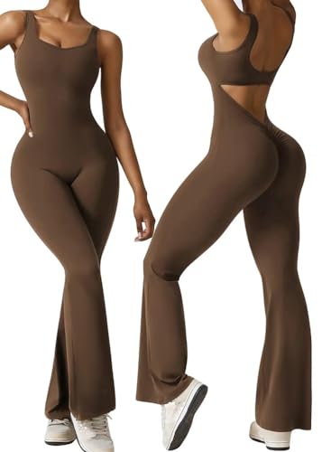 ORANDESIGNE Damen Jumpsuit Gerippte Ärmellos Flared Lang Eng Tank Rückenfreie Padded Einteiler Bauchweg Sport Yoga Overall Romper Bootcut Onepiece Bodycon Gym Workout Sport Overalls M B Kaffee von ORANDESIGNE