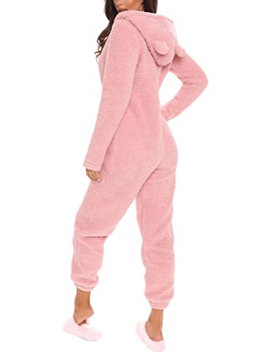 ORANDESIGNE Damen Jumpsuit Onesie Overall Einteiler Pyjama Schlafanzug Warm Coral Fleece Nachtwäsche Süße Bär Ganzkörperanzug Hausanzug Mit Kapuze Reißverschluss C Rosa L von ORANDESIGNE