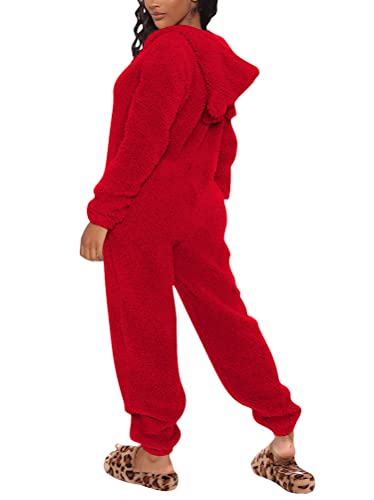 ORANDESIGNE Damen Jumpsuit Onesie Overall Einteiler Pyjama Schlafanzug Warm Coral Fleece Nachtwäsche Süße Bär Ganzkörperanzug Hausanzug Mit Kapuze Reißverschluss C Rot M von ORANDESIGNE