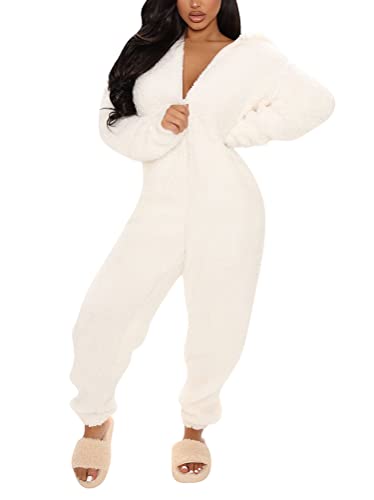 ORANDESIGNE Damen Jumpsuit Onesie Overall Einteiler Pyjama Schlafanzug Warm Coral Fleece Nachtwäsche Süße Bär Ganzkörperanzug Hausanzug Mit Kapuze Reißverschluss C Weiß L von ORANDESIGNE