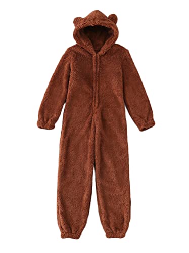 ORANDESIGNE Damen Jumpsuit Onesie Overall Einteiler Pyjama Schlafanzug Warm Coral Fleece Nachtwäsche Süße Bär Ganzkörperanzug Hausanzug Mit Kapuze Reißverschluss Kinder Kaffee 4-5 Jahre von ORANDESIGNE