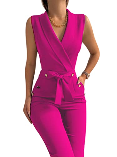 ORANDESIGNE Damen Jumpsuit Overall Lang Elegant Slim Fit Blazer Hose Weites Bein High Waist Anzughose Playsuit Sommer Hosenanzug Einteiler Romper mit Gürtel Rosenrot M von ORANDESIGNE
