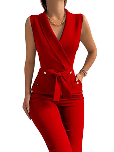 ORANDESIGNE Damen Jumpsuit Overall Lang Elegant Slim Fit Blazer Hose Weites Bein High Waist Anzughose Playsuit Sommer Hosenanzug Einteiler Romper mit Gürtel Rot S von ORANDESIGNE