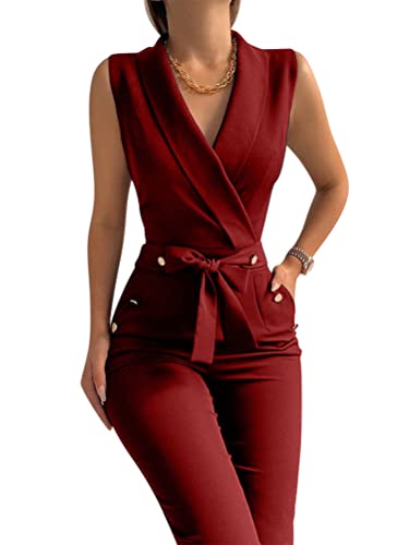 ORANDESIGNE Damen Jumpsuit Overall Lang Elegant Slim Fit Blazer Hose Weites Bein High Waist Anzughose Playsuit Sommer Hosenanzug Einteiler Romper mit Gürtel Rotwein M von ORANDESIGNE