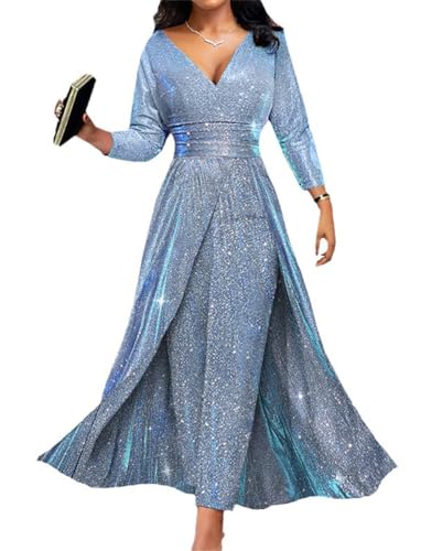 ORANDESIGNE Damen Jumpsuit Overall mit Schleppe Elegant Langarm V-Ausschnitt Playsuit Hochzeit Brautjungfer Party Hosenanzug Romper Overall Lang Weites Bein Hosenanzug Spielanzug A Blau L von ORANDESIGNE