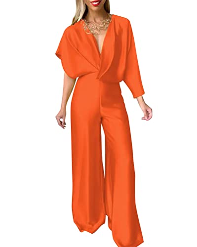 ORANDESIGNE Damen Jumpsuit Sommer Lang Locker Elegant Festlich Hochzeit Overall Hosenanzug Business Einteiler Baggy Lässige Lockere Hose Playsuit Romper Weites Bein Palazzo Hosen Orange S von ORANDESIGNE