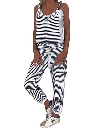 ORANDESIGNE Damen Jumpsuit mit Träger Retro Overalls Sommer Lose Hose Lange Baggy Sommerhose Casual Gestreiften Latzhose Rompers Schwarz DE 42 von ORANDESIGNE