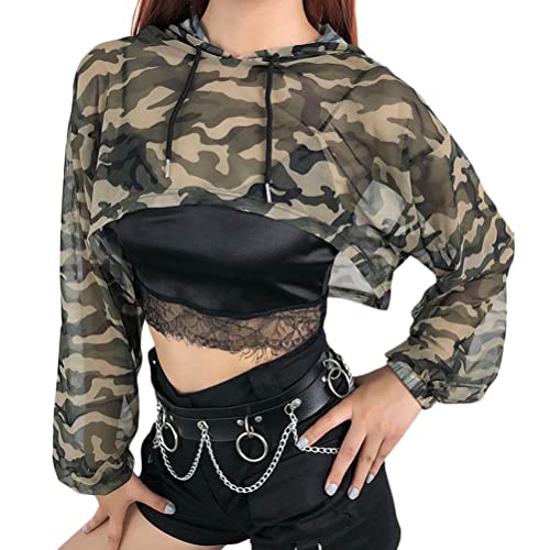 ORANDESIGNE Damen Kapuzen Pullover Sweatshirt Hoodie Crop Top Strickjacke Sweater Hooded mit Metall Kette, Kapuzenpullover Kurz Bauchfrei N Grün L von ORANDESIGNE