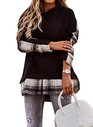 ORANDESIGNE Damen Kapuzenpullover Sweatjacke Hoody Kragen Kariert Pulli 2-in-1 Kariert Casual Bluse Langarmshirt Schwarz XL von ORANDESIGNE