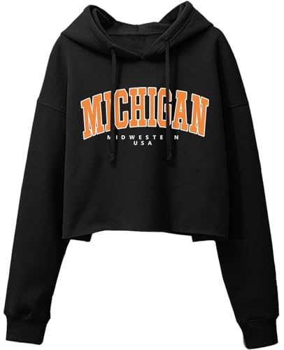 ORANDESIGNE Damen-Kapuzenpullover mit Buchstaben-Grafikdruck, lange Ärmel, bauchfrei, Fleece, lässig, Workout, lockerer Pullover, Sweatshirt, Tops, Michigan Schwarz, S von ORANDESIGNE