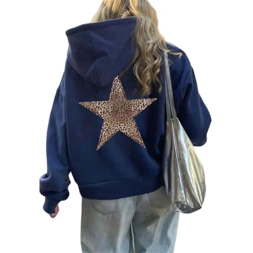 ORANDESIGNE Damen Kapuzenpullover mit Leopardenmuster Lässiger Sternendruck Langärmelig mit Vordertasche Y2k Oversized Hoodies Übergroßes Kapuzen Sweatshirt A Marine XS von ORANDESIGNE
